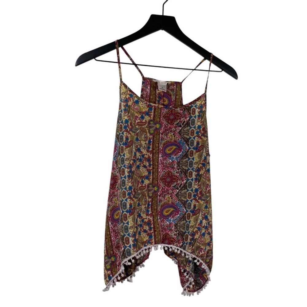 Love Blossom Top Women's Multicolor Sz M Sleeveless Paisley Pom Pom Asymmetrica